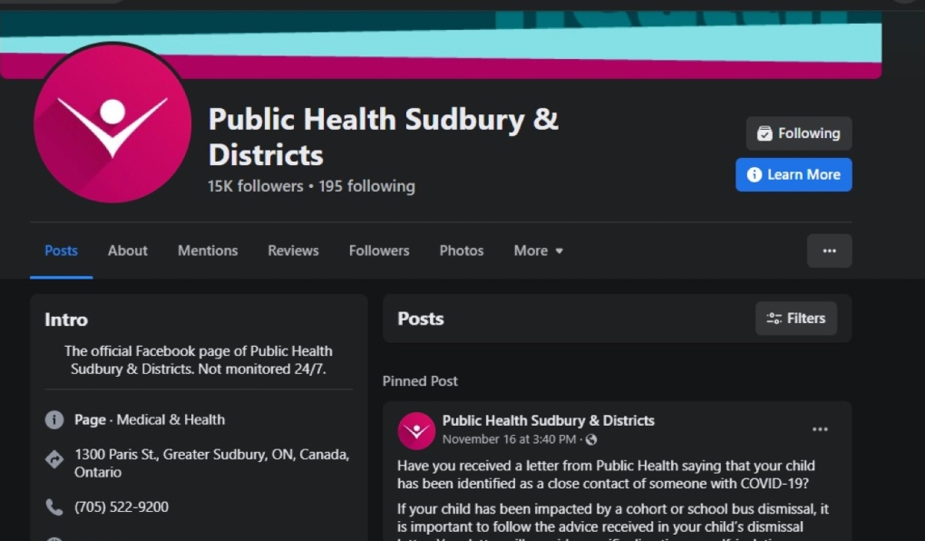 Public Health Sudbury & Districts announced Friday it was closing comments on its Facebook page for a trial period. (Photo from Facebook)