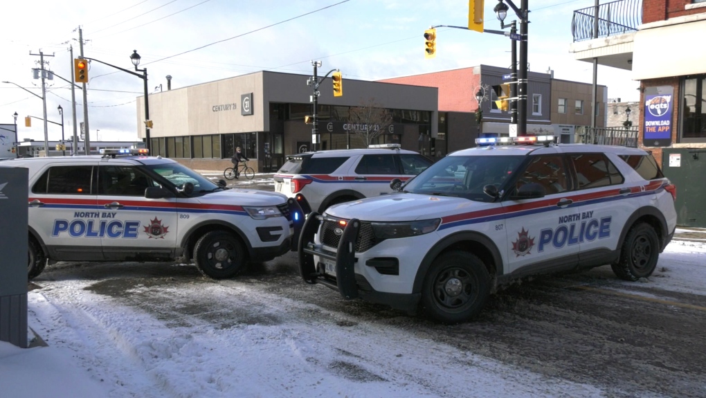 North Bay police blocking sections of Wyld St. between McIntyre St. and Main St. with the area closed as a result of the investigation. Dec.4/21 (Eric Taschner/CTV News Northern Ontario)