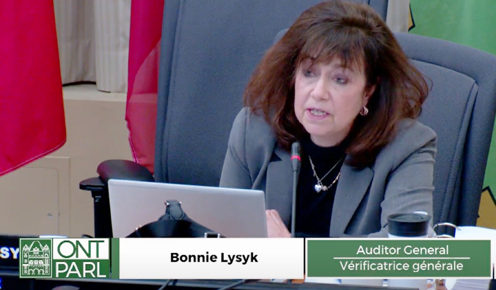 Ontario Auditor General Bonnie Lysysk addresses the  the Standing Committee on Public Accounts on Wednesday at Queen's Park. (Photo from video)