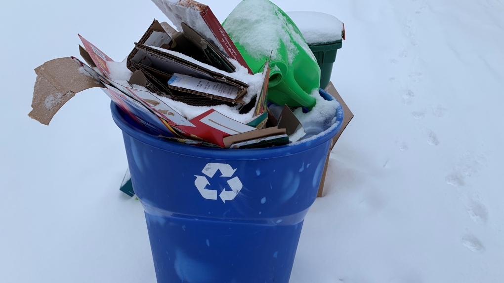 A recycling bin on a snowy street in New Sudbury. Jan. 12/22 (Chelsea Papineau/CTV Northern Ontario)