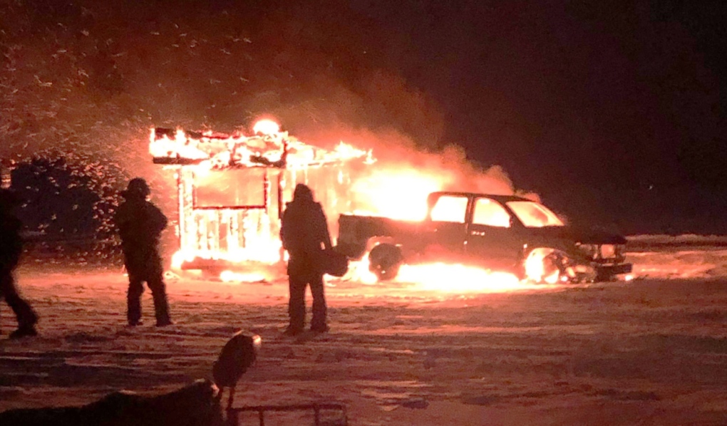 No injuries and no criminal charges are expected following an ice hut fire Sunday evening on Lake Nipissing. (Photo courtesy of Nikki Shannon)