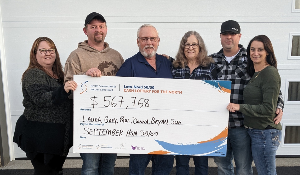 Laura Dupuis, Gary Dupuis, Paul Pitre, Donna Pitre, Bryan Pitre and Sue Tremblay of Chelmsford are the lucky winners of September’s $567,758 HSN 50/50 grand prize jackpot. (Supplied)
