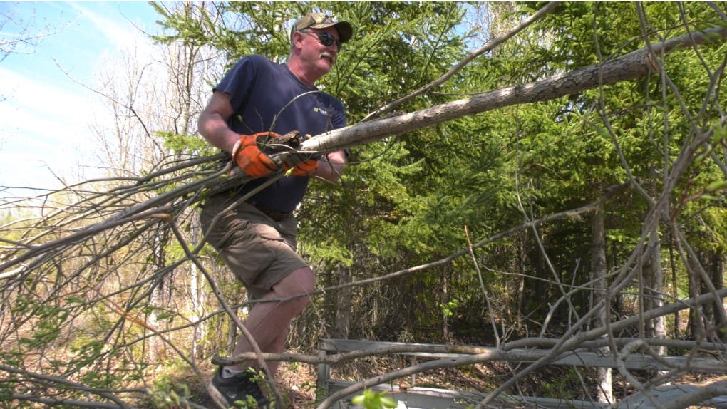 Several Schumacher Lions Club members, challenged by the hot weather, took on the task of clearing brush at the park that bears its name. (Lydia Chubak CTV News Northern Ontario)