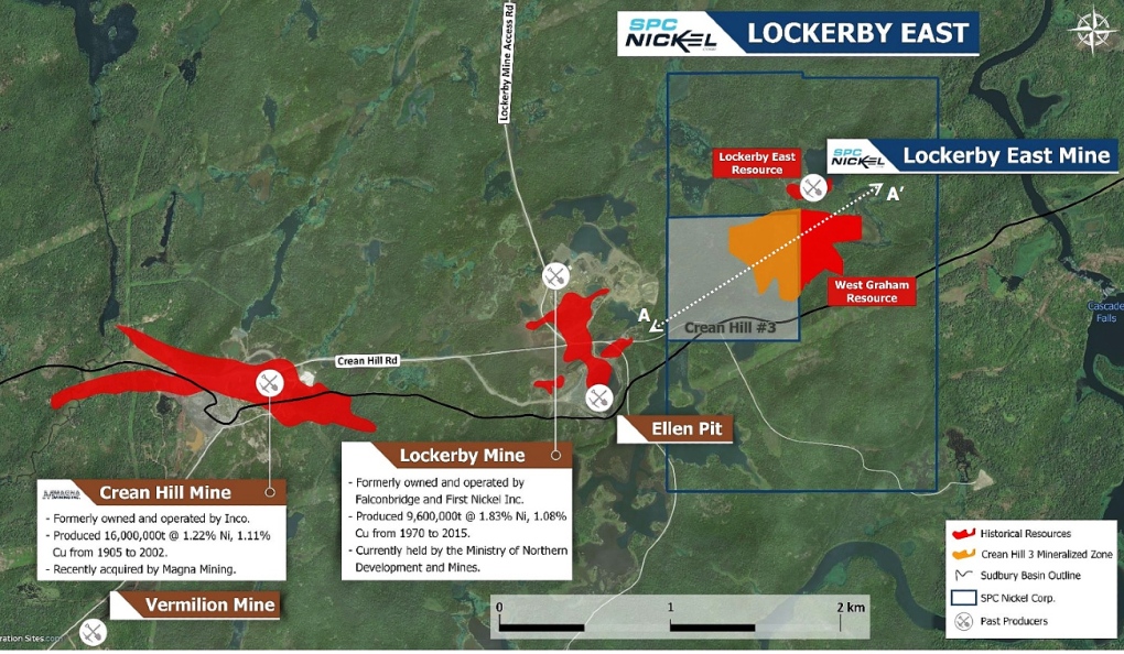 SPC Nickel Corp.’s agreement with Vale will consolidate SPC’s West Graham deposit with Vale’s Crean Hill 3 deposit. The properties are adjacent to the former Lockerby and Crean Hill mines, about 20 km southwest of Sudbury and Vale’s Clarabelle Mill in the Sudbury Mining Camp. (Supplied)