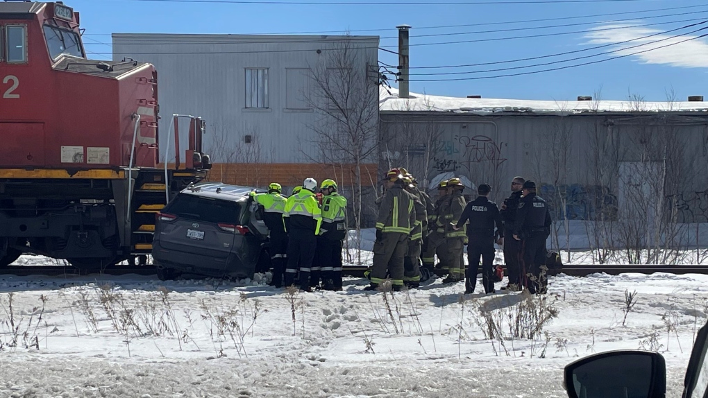 Vehicle hit by train on Barrydowne Road in Sudbury. March 15/23 (Dylan Laframboise)