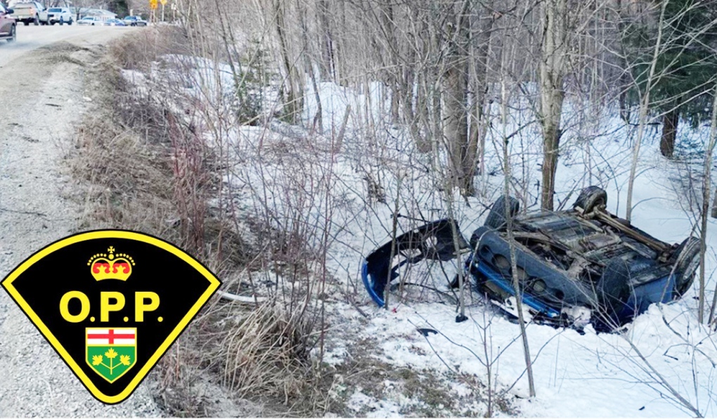 A single-vehicle rollover on Sagamok Road led to two arrests, Ontario Provincial Police said in a news release this week. (Supplied)