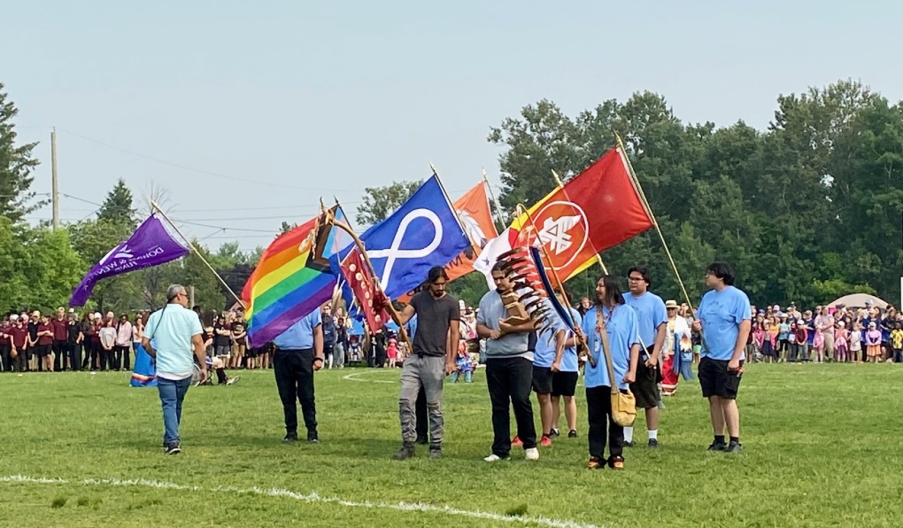 Elementary students from the Sudbury Catholic District School Board had a glimpse into First Nations culture Tuesday, taking part in a traditional powwow. (Ashley Bacon/CTV News)
