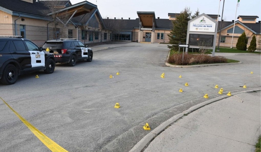 Ontario Provincial Police in Kirkland Lake responded to a call at 7:30 a.m. about a shirtless male carrying a machete in the area of École Secondaire Catholique on Duncan Avenue. (SIU photo)