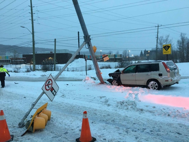 Vehicle hit a traffic signal pole in North Bay
