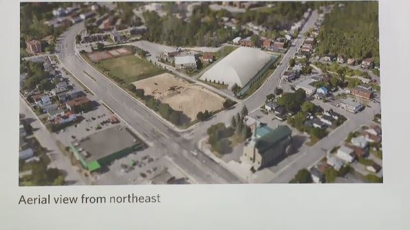Aerial view of sports dome from northeast