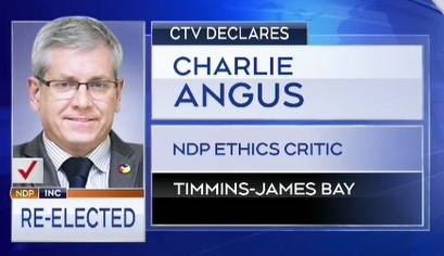 Charlie Angus has been re-elected in Timmins James